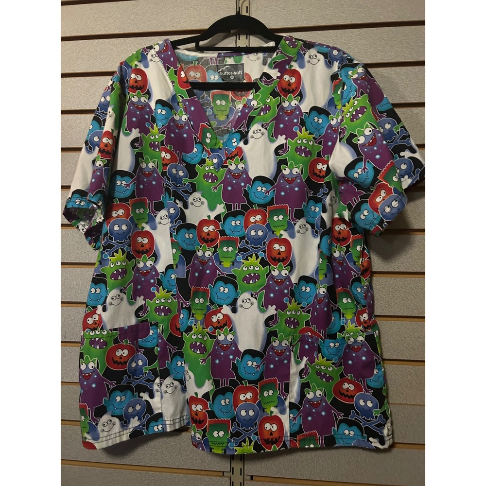 Butter-Soft Halloween Monster Ghost V-Neck Scrub Top XL Multicolor Spooky Print